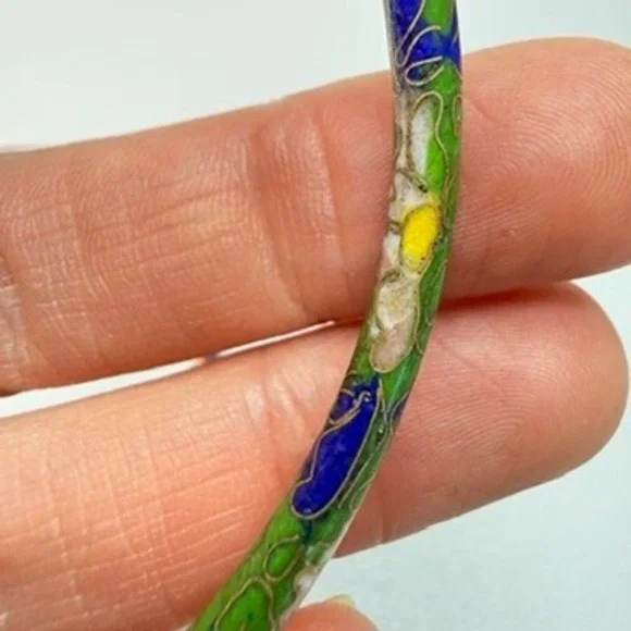 Vintage Cloisonne Bracelet Set of 2 Enamel Green Red Flowers Clouds Size 7.5" - Picture 5 of 11